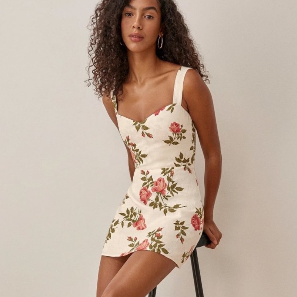 Reformation Miso Linen Dress in Jolie White Red and Green Floral Dress